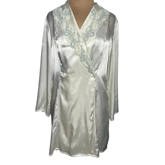 90’s Victoria’s Secret Silky Slip Dress Chemise Robe Set Bridal Set ivory blue L - Picture 8 of 11
